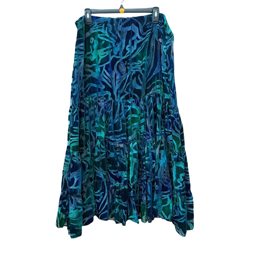 Multiples Blue Green Velvet Burnout Maxi Skirt XL Colorful Artsy Boho Pull On